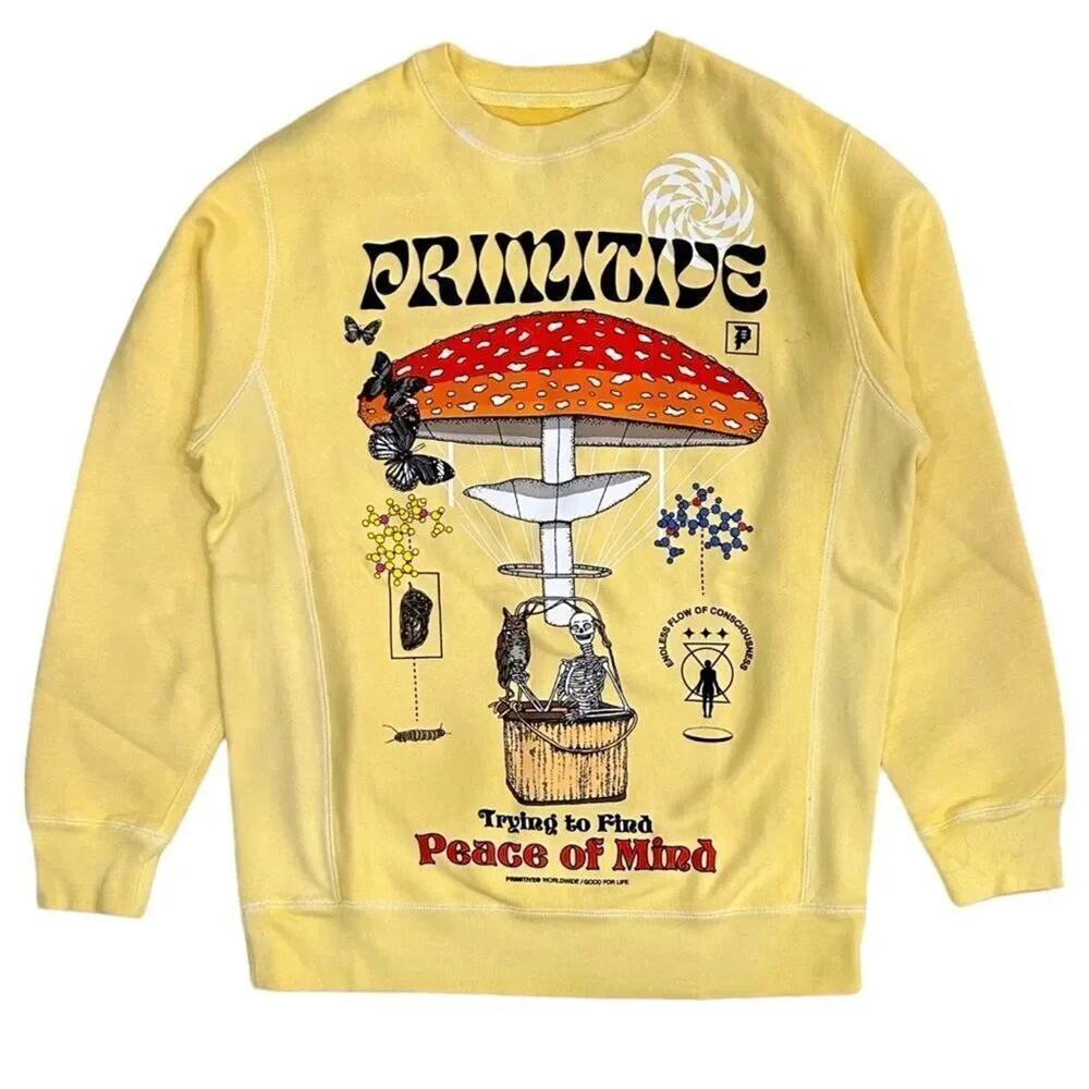 PRIMITIVE Skateboarding Elevator Yellow Washed Crewneck Sweatshirt, Unisex Small
